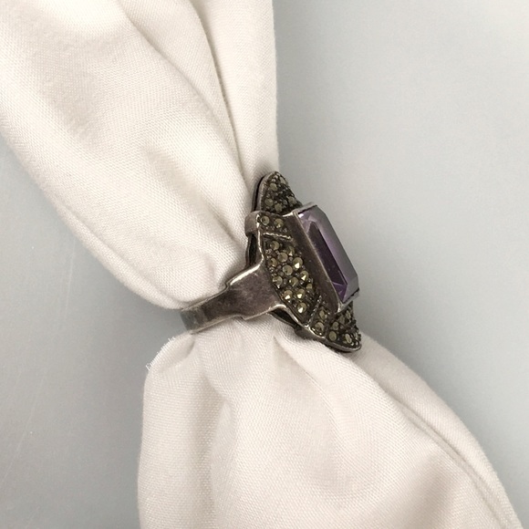 Vtg Sterling Silver Fine Marcasite Amethyst Ring ~ Vintage Cocktail Statement - Picture 10 of 14